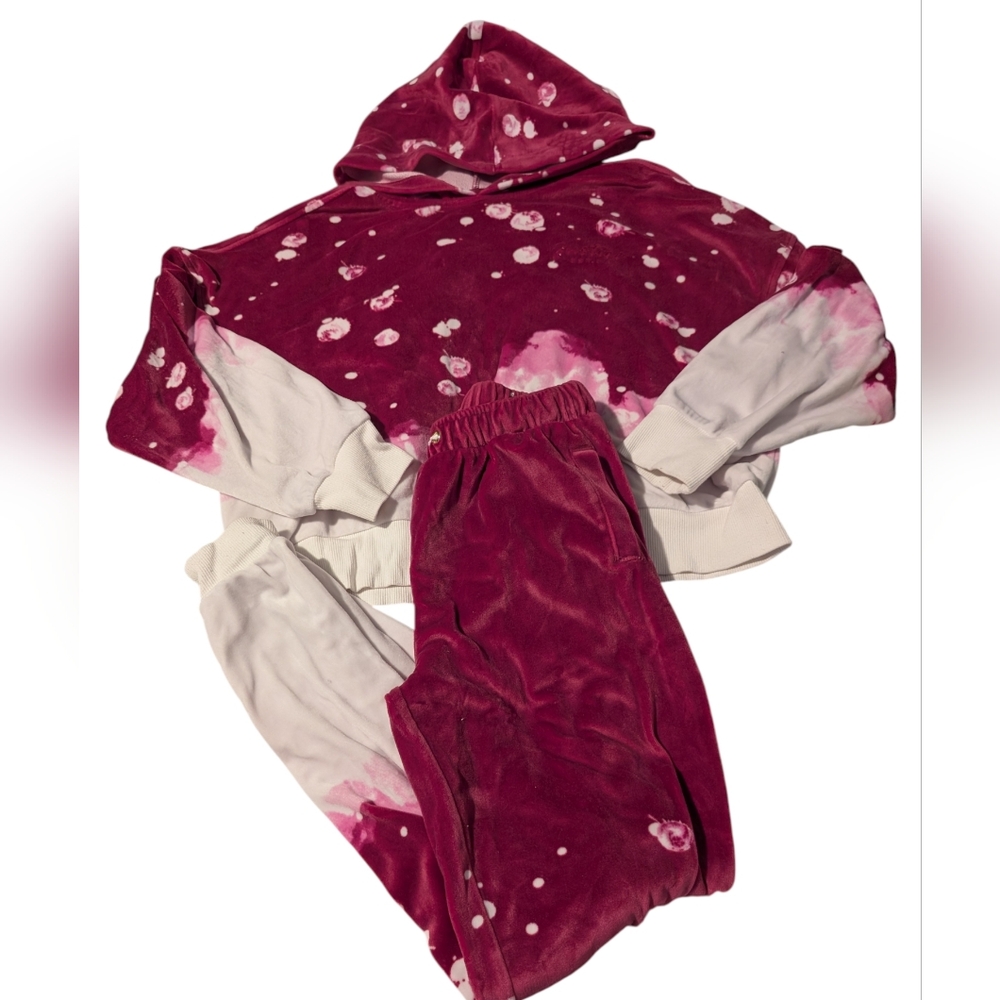 Justice Girls Pink‎ & White Velour Tie-Dye Hoodie and Joggers Set Size 12/14